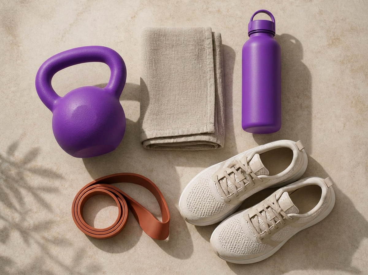 Purple kettlebell and water bottle, folded towel, water bottle, resistance band and trainers laid out neatly